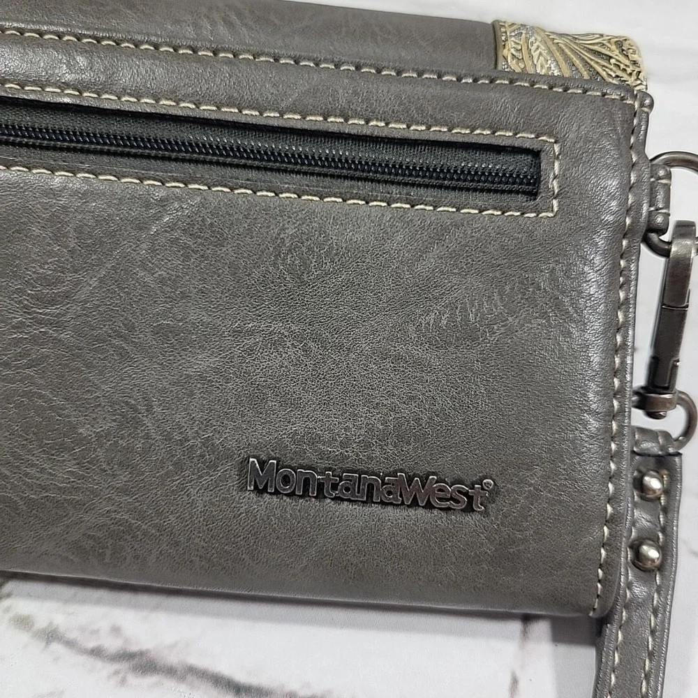 Montana West Wallet Womens Leather Gray Western Clutch‎ Wristlet Fringe Cowgirl